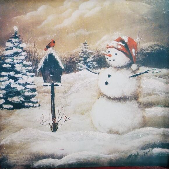 Rustic framed in dark red wood signed print of a snowman - Picture 3 of 8